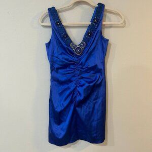 David Meister Royal Blue Satin Sequin Jewel Mini V-Neck Sleeveless Dress Size 2